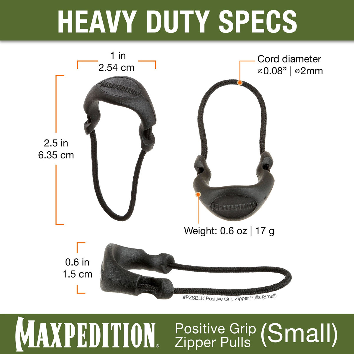 Maxpedition Small Black PZL Positive Grip Zipper Pulls Pack of 6