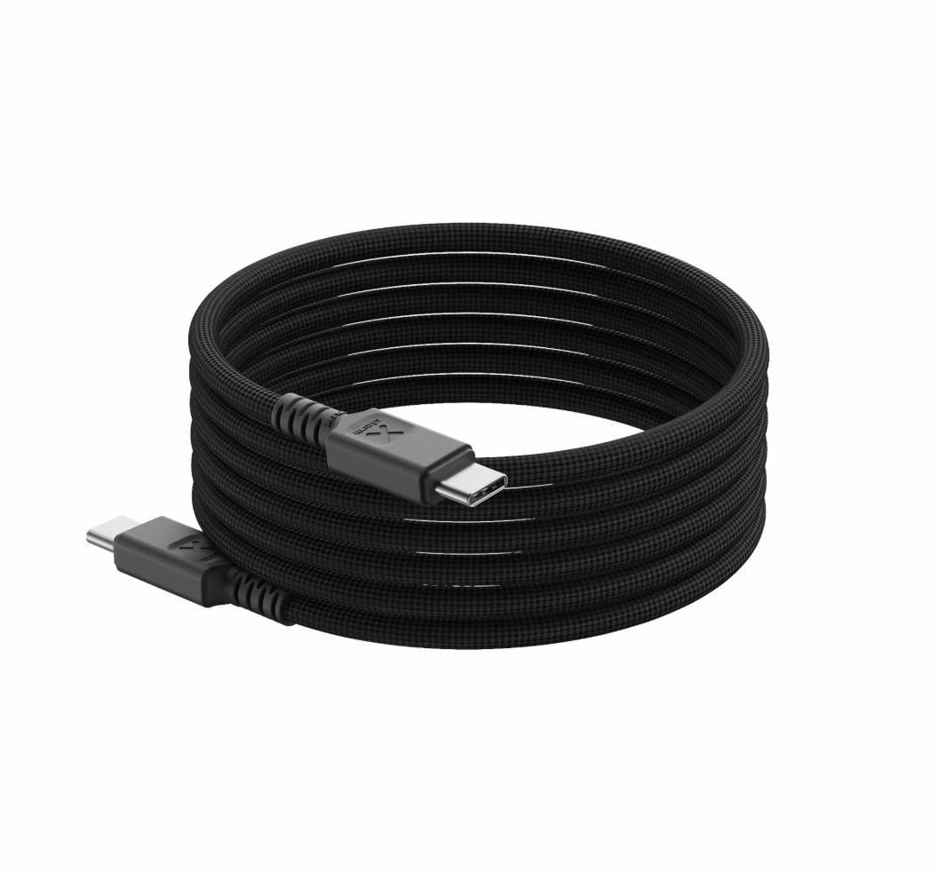 A coiled black USB-C to USB-C cable with a braided protective sheath, shown on a plain white background.