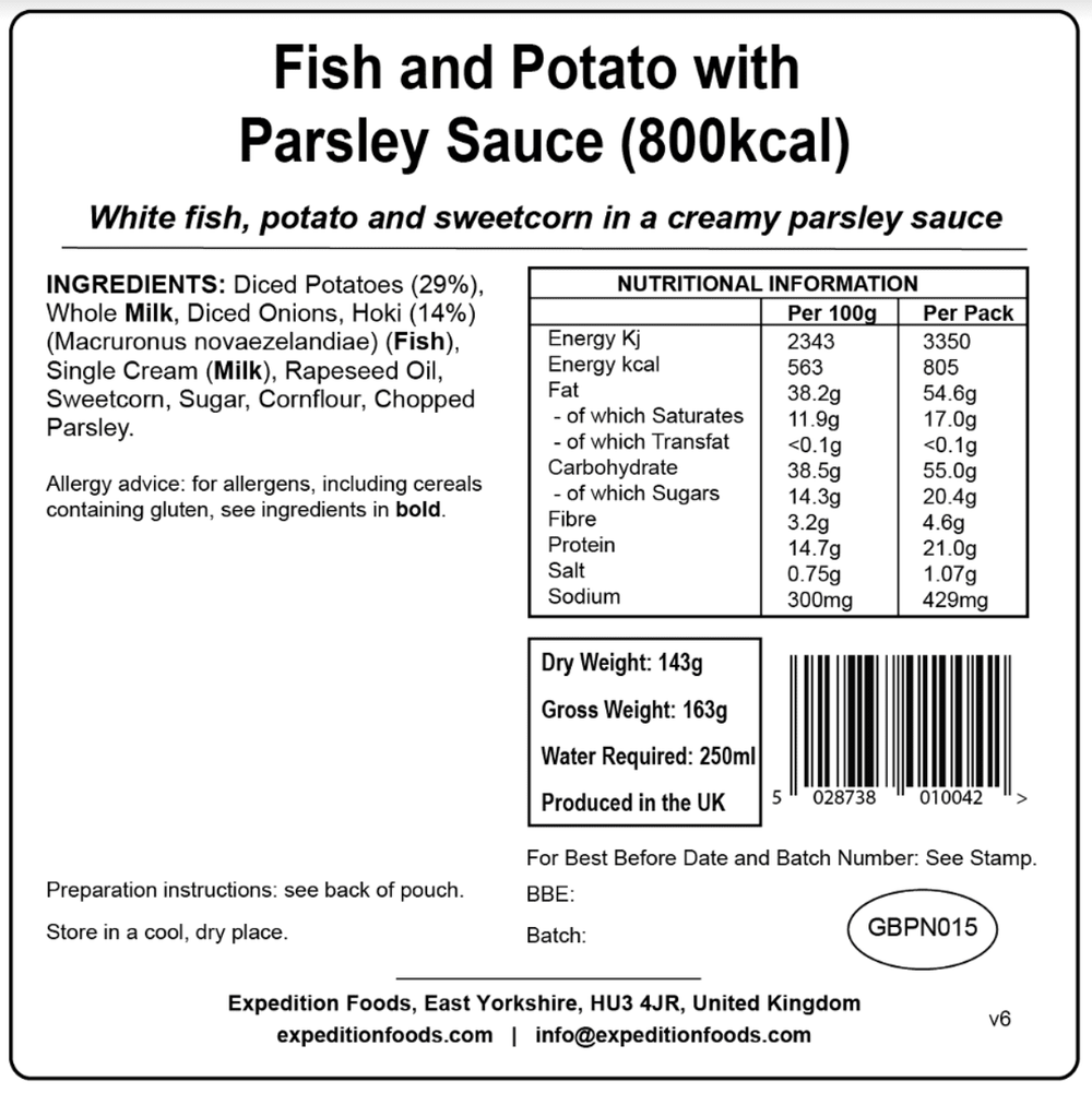 Expedition Foods Freeze Dried Meal Pouch - Fish And Potato With Parsley Sauce - Various Sizes