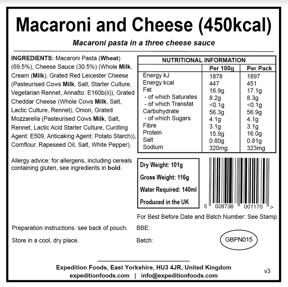 Expedition Foods Freeze Dried Meal Pouch - Macaroni And Cheese - Various Sizes