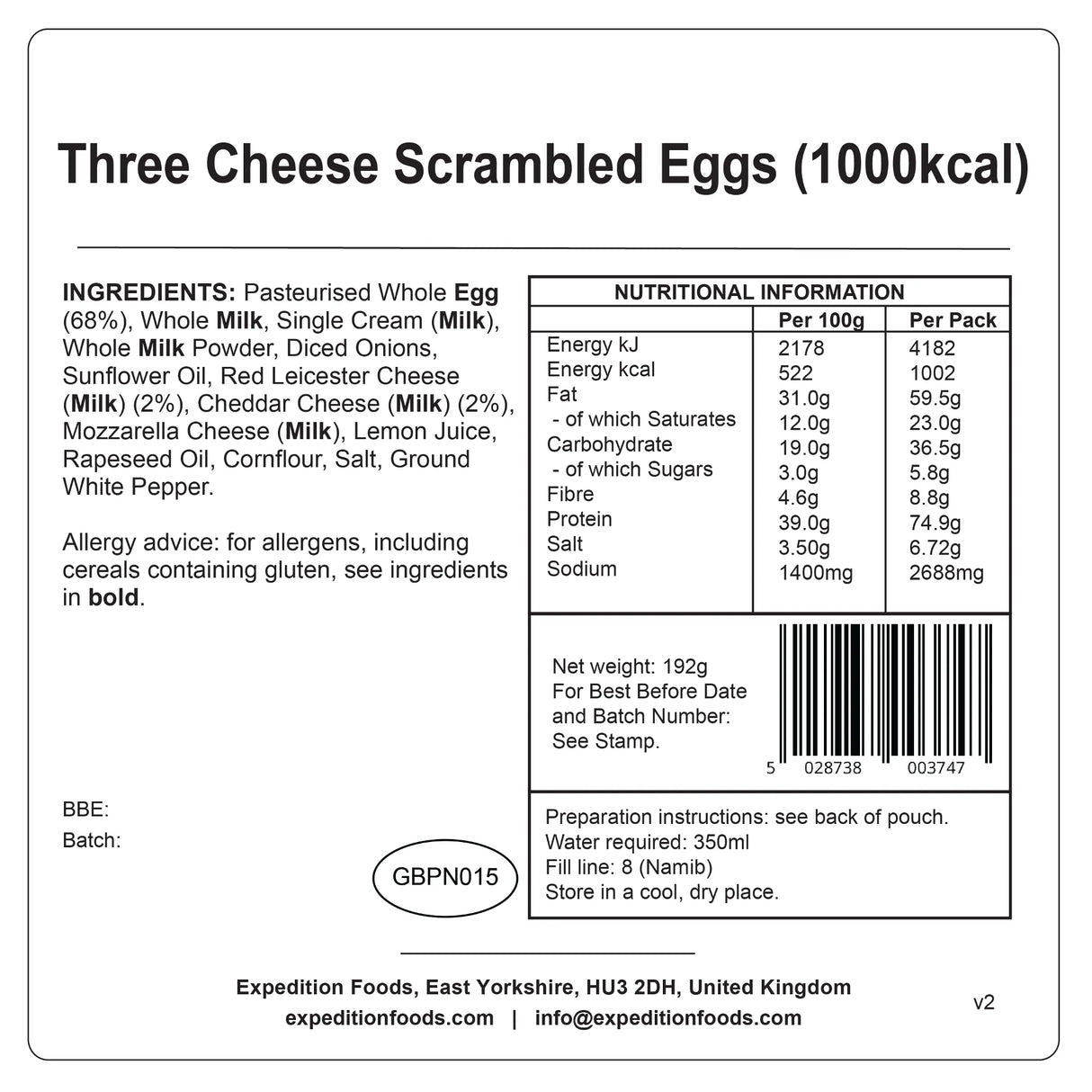 Expedition Foods Freeze Dried Meal Pouch - Three Cheese Scrambled Egg - Various Sizes