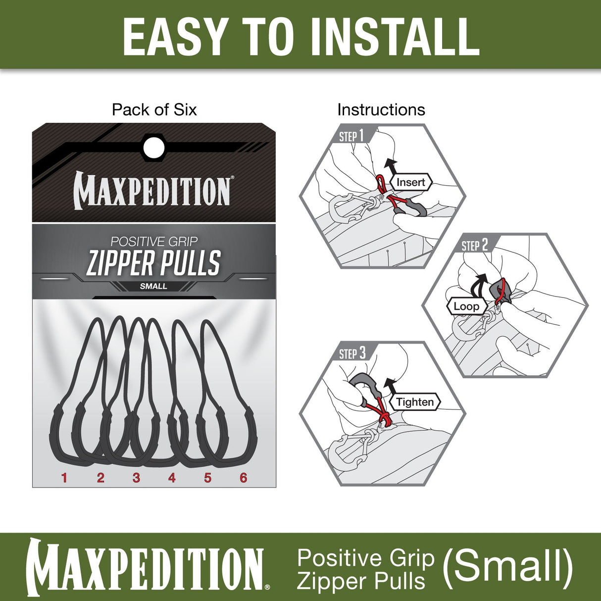Maxpedition Small EMS Red PZL Positive Grip Zipper PullsPack of 6
