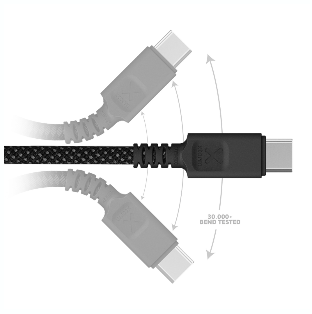 A USB-C to USB-C cable with a black braided center section and gray plastic connectors, shown on a white background with arrows and text indicating 30,000+ bend tested durability.
