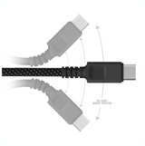 A USB-C to USB-C cable with a black braided center section and gray plastic connectors, shown on a white background with arrows and text indicating 30,000+ bend tested durability.