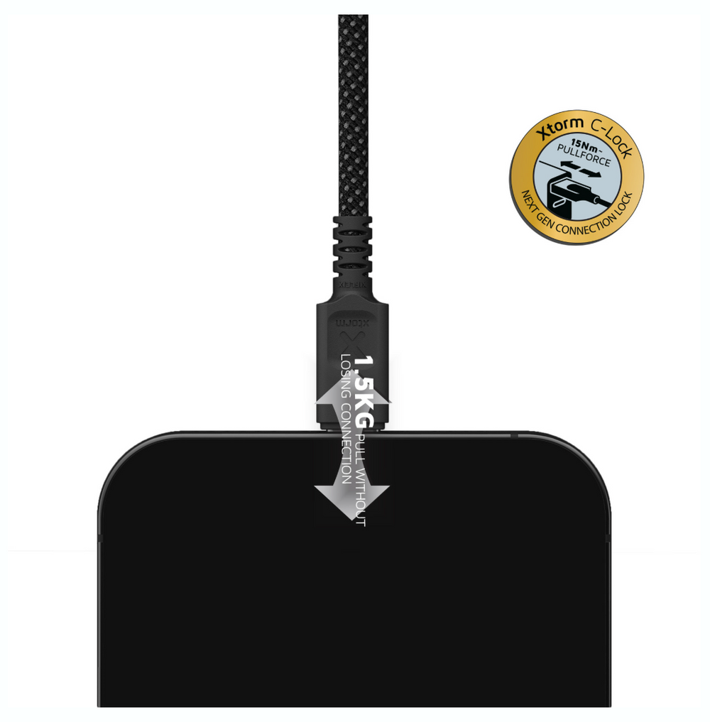 A black rectangular electronic device with a braided black cable plugged into it, shown on a white background with a gold Storm C-Lock certification badge and a silver arrow labeled 1.5KG dropping weight.
