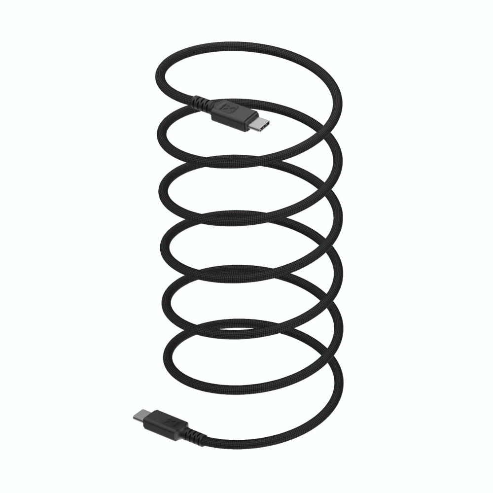 A black USB-C to USB-C cable coiled vertically, shown on a plain white background.