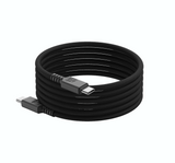 A coiled black USB-C to USB-C cable with a braided protective sheath, shown on a plain white background.