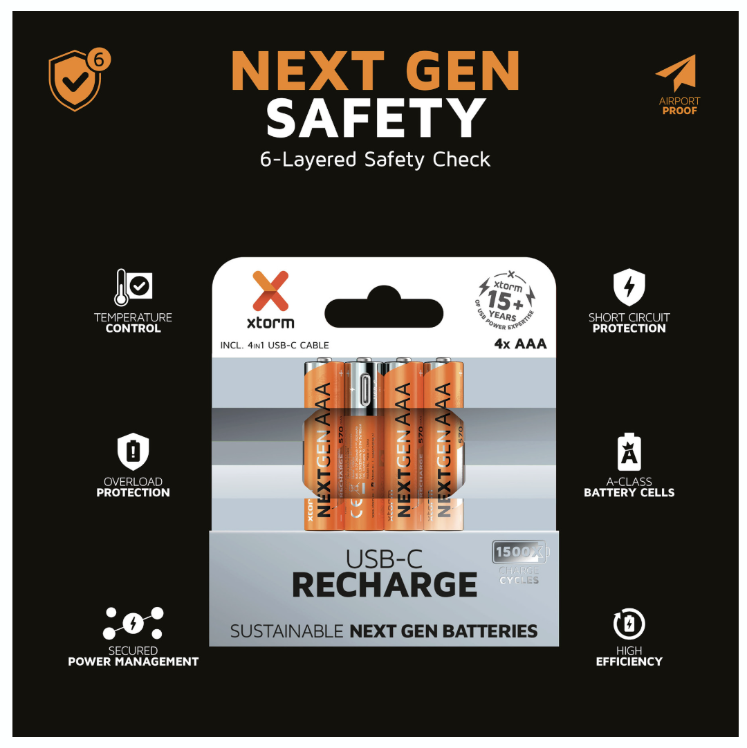 Xtorm Xtorm NextGen AAA Batteries USB-C Rechargeable - 4 Pack - Orange